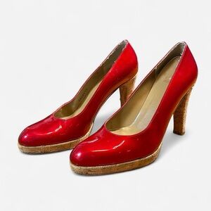 Stuart Weitzman Cherry Red Patent Leather High Heel Cork Platform Pumps
